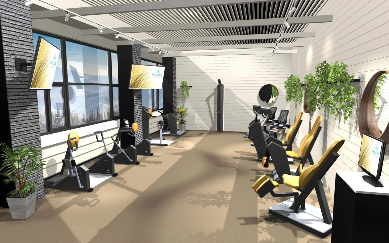 Illustrative exercise studio with equipment arranged around an open floor